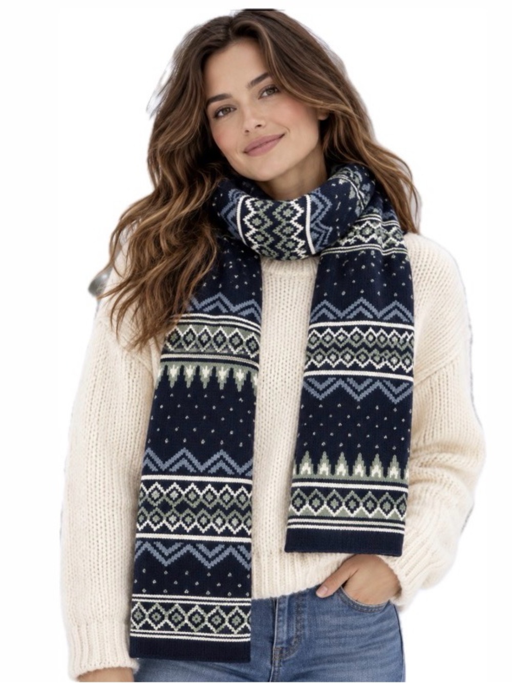 Gap, Fair Isle Knit Winter Scarf Navy Blue Green White Nordic Preppy
